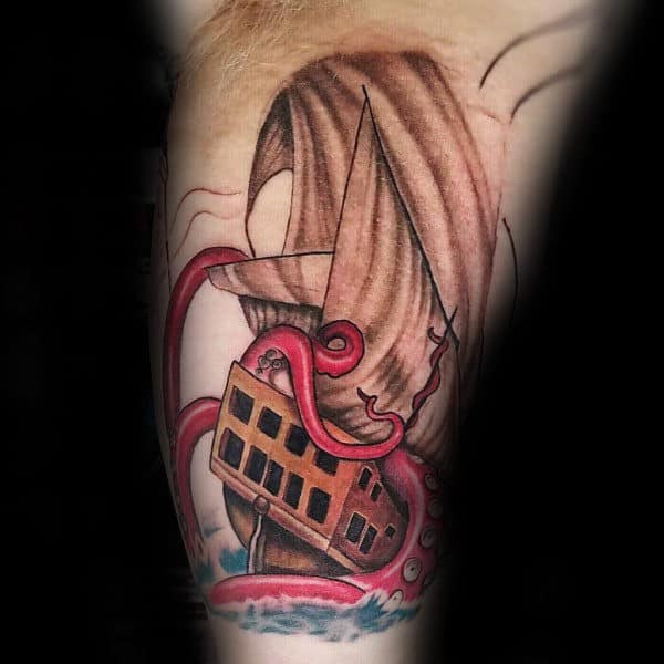 Red Kraken Sea Monster With Shaded Sailing Ship Mens Inner Arm Tattoos