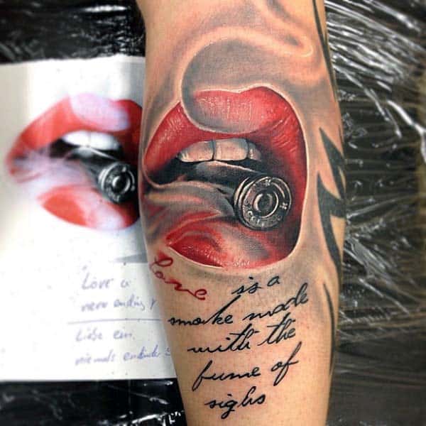 Red Lips Silver Bullet Tattoos For Guys