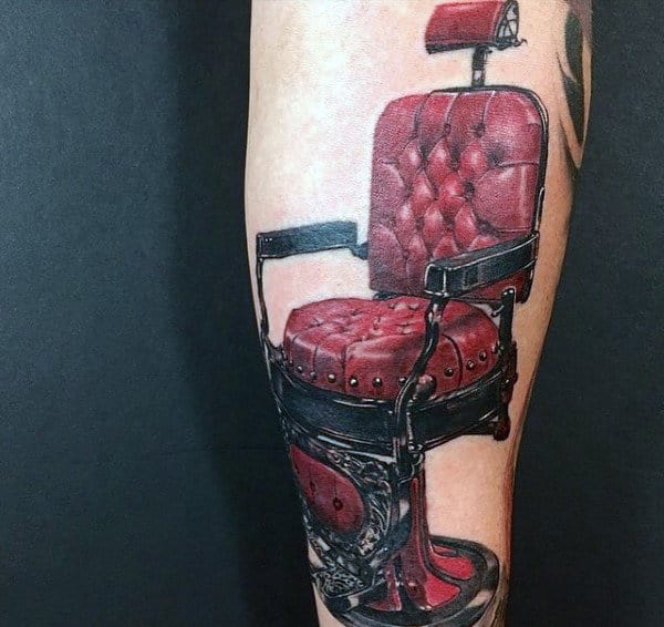 Red Mens Barber Shop Chair Tattoo On Leg
