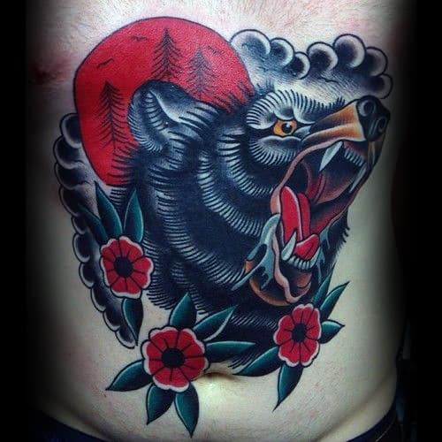 Red Moon With Black Traditional Bear Mens Stomach Tattoos