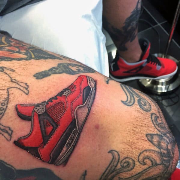 Red Nike Sneaker Mens Thigh Tattoo Design