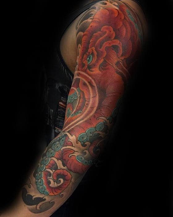 Red Octopus In Water Guys Japanese Half Sleeve Tattoos