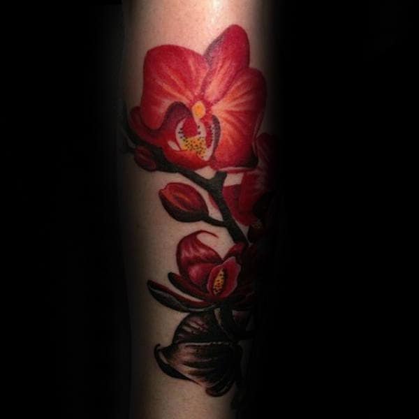 Red Orchid Flower Mens Forearm Tattoos