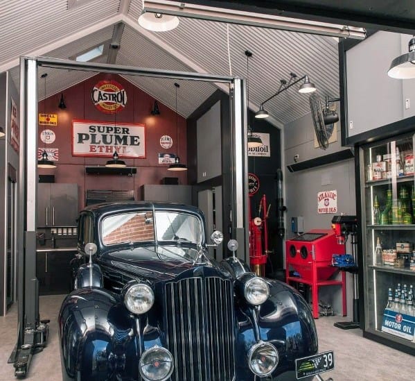 Red paint accent with steel panels garage wall