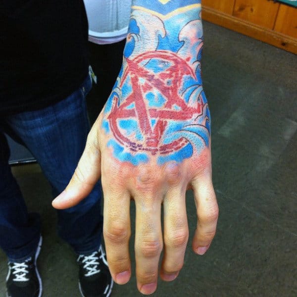 Red Pentagram Blue Background Tattoo Mens Hands