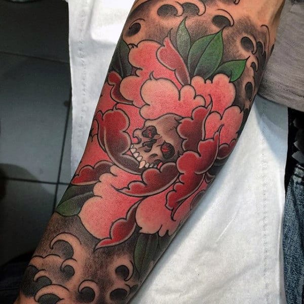 Red Peony With Small Skull Mens Forearm Sleeve Tattoos