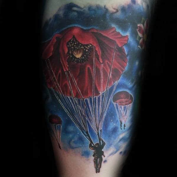 Red Poppy Flower Airborne Watercolor Mens Bicep Tattoos