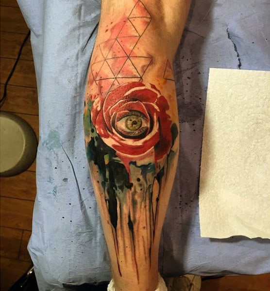 Red Rose And Eye Watercolor Painting Tattoo