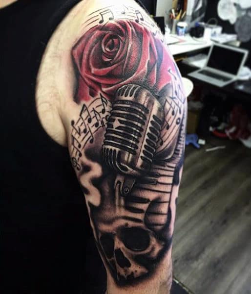 Red Rose And Skull Music Tattoo On Arms For Males