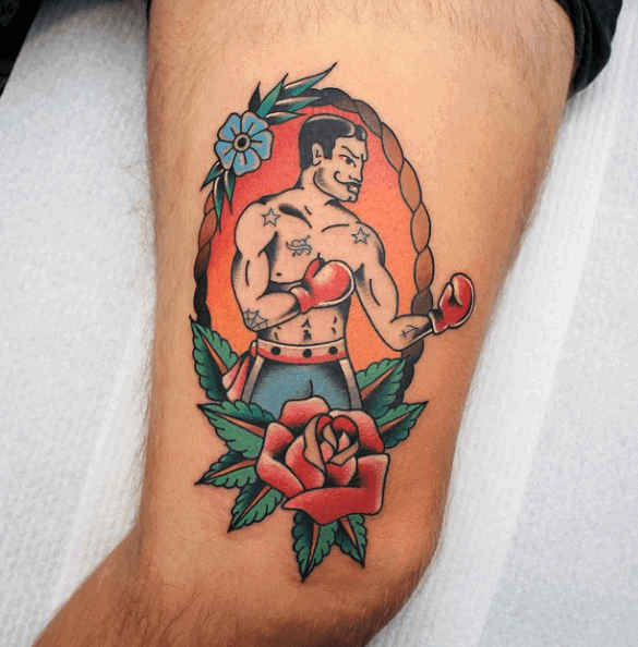 Red Rose Flower With Boxer Mens Traditional Thigh Tattoos