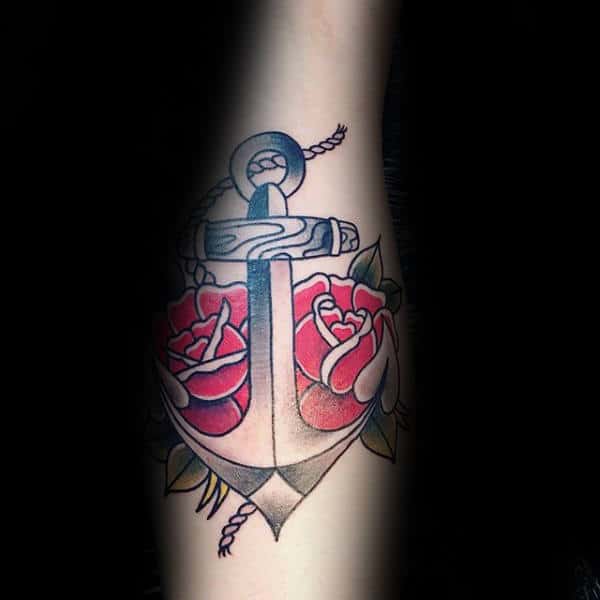 Red Rose Flowers Traditional Anchor Old School Male Forearm Tattoo Inspiration