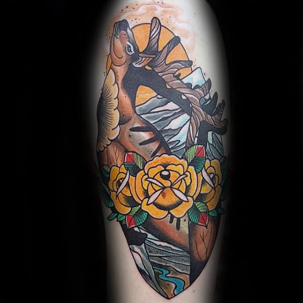 Red Rose Flowers With Deer Traditional Mens Arm Tattoos