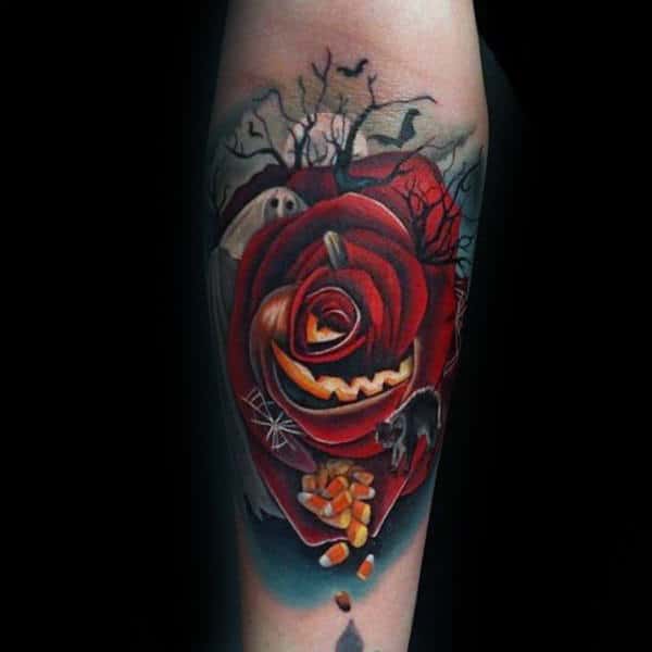 Red Rose Petal Candies Halloween Tattoo Male Forearm