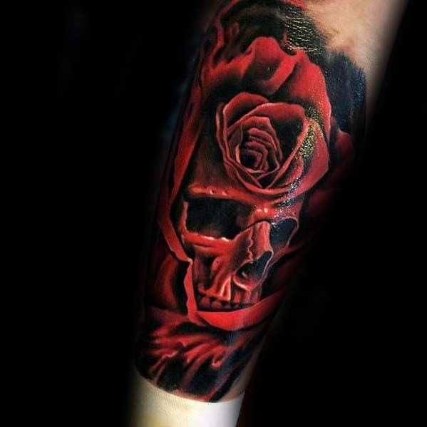 Red Rose Skull Badass Guys Forearm Tattoo Ideas