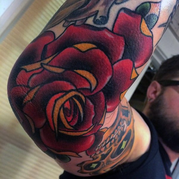 Red Rose Tattoo On Elbow For Men