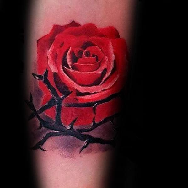 Red Rose With Thorns Mens Realistic 3d Inner Forearm Tattoo