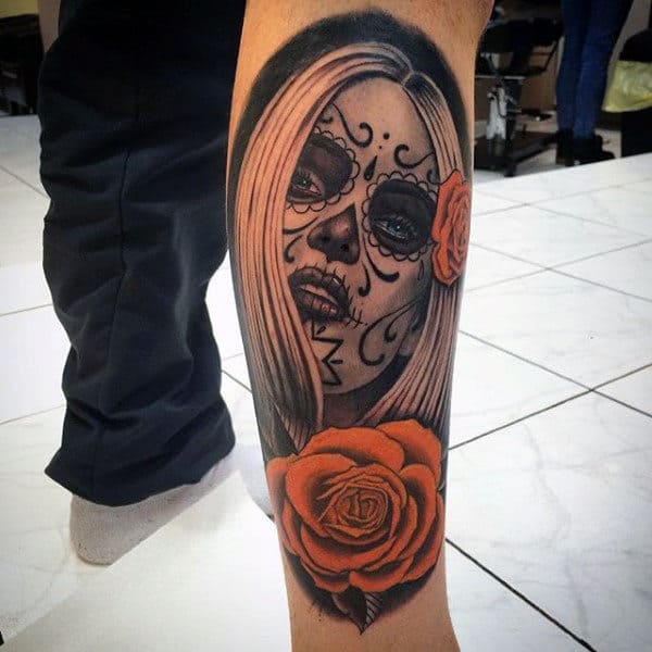 Red Roses And Lovely Day Of The Dead Woman Tattoo Guys Forearms