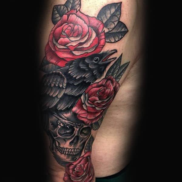 Red Roses Crow Mens Upper Arm Tattoo Designs