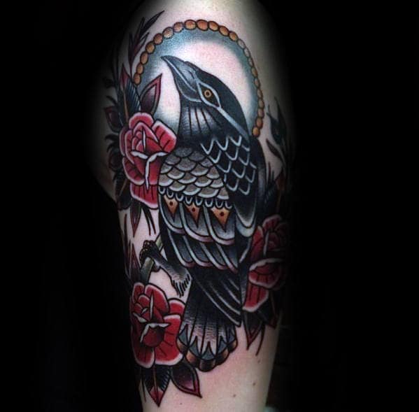Red Roses With Traditional Crow Guys Old School Vintage Arm Tattoo Ideas