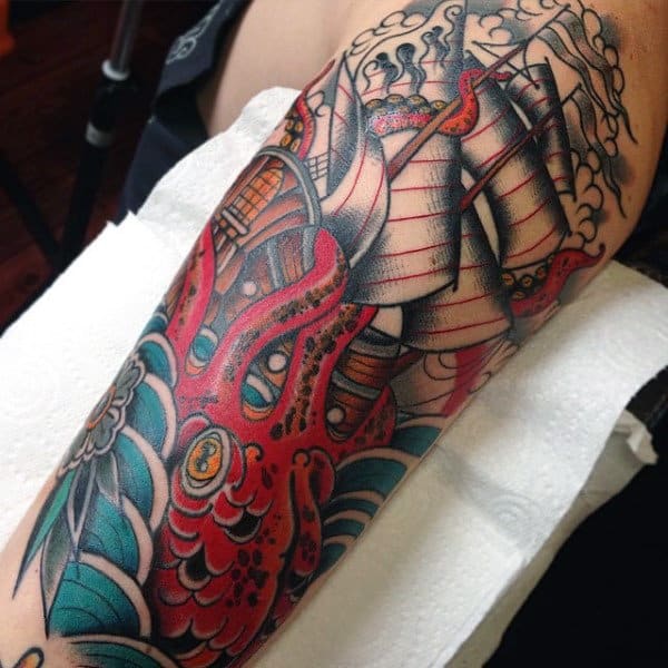 Red Sea Creature And Ship Manly Tattoo Male Forearm