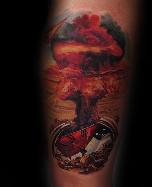 Red Smoky Fumes From Bomb Explosion Tattoo Male Forearms