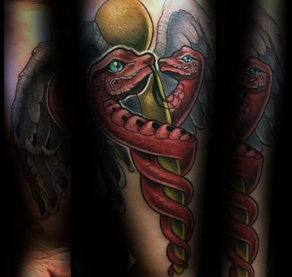 Red Snakes With Gold Caduceus Mens Arm Tattoos