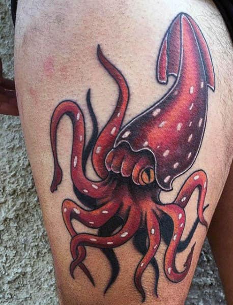 Red Squid Tattoo With Eight Arms For Men On Leg