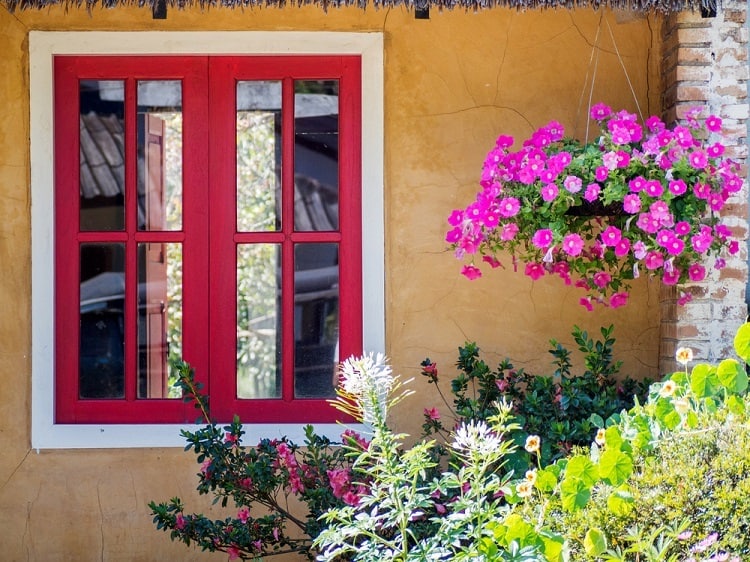 red stucco exterior window trim pink flowers