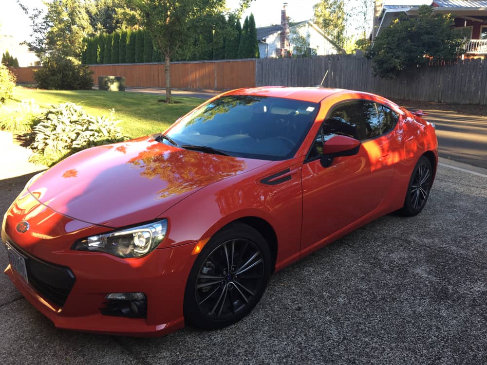 red subaru brz parked at portland, oregon