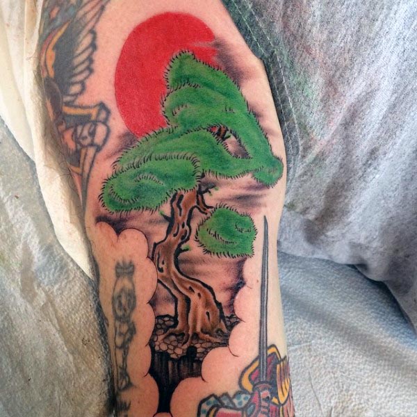 Red Sun Bonsai Tree Old School Mens Arm Tattoo