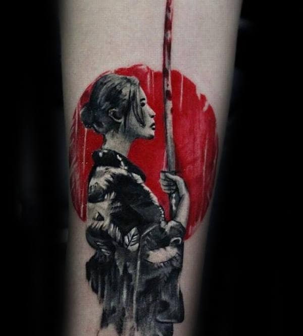 Red Sun Mens Katana Sword Inner Forearm Tattoo