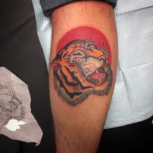 Red Sun Tiger Mens Traditional Small Leg Calf Tattoos