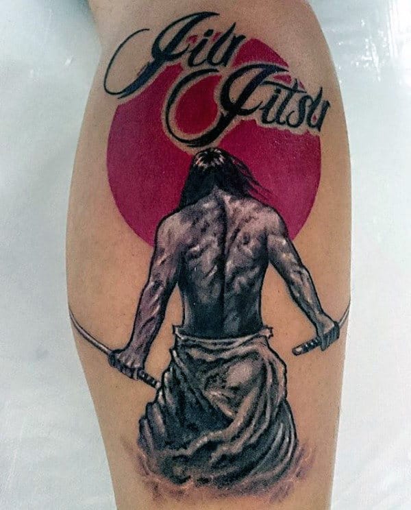 Red Sun Warrior Jiu Jitsu Mens Leg Tattoos