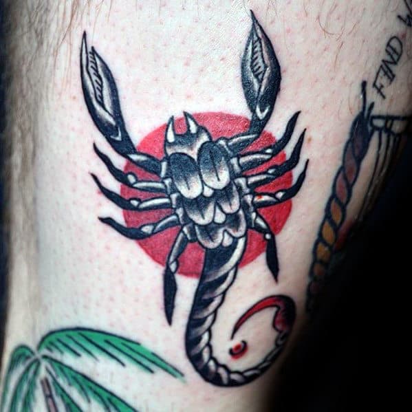 Red Sun With Black Scorpion Mens Traditional Arm Tattoos