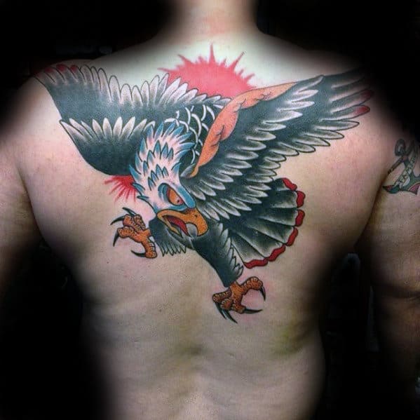 Red Sun With Eagle Male Back Tattoo Designs
