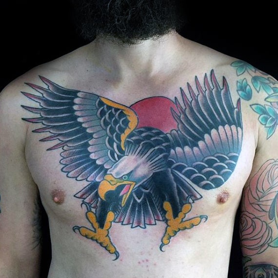 Red Sun With Eagle Mens Upper Chest Traditional Tattoos