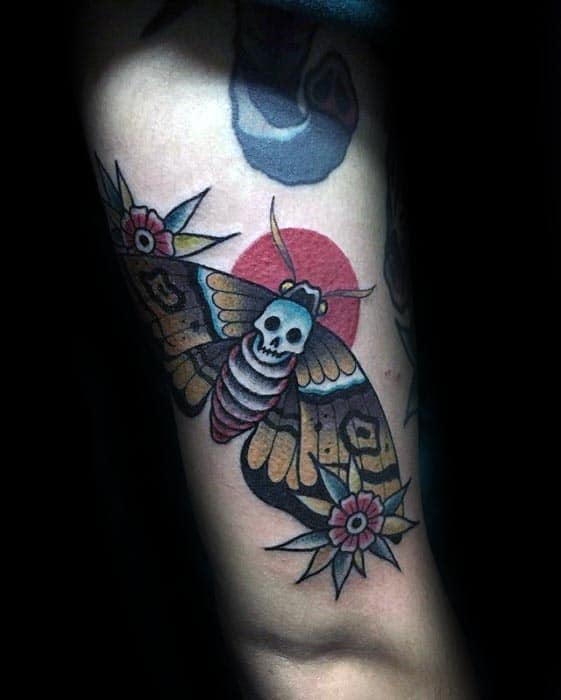 Red Sun With Moth Mens Traditional Arm Tattoos