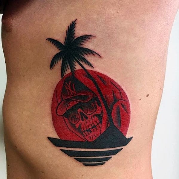 Red Sun With Skeleton And Palm Tree Mens Different Rib Cage Side Tattoo