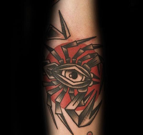 Red Sun With Traditional Scorpion Eye Forearm Tattoo On Male