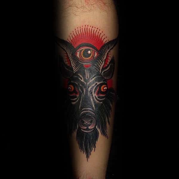 Red Sunrise With Eye And Goat Mens Forearm Tattoos