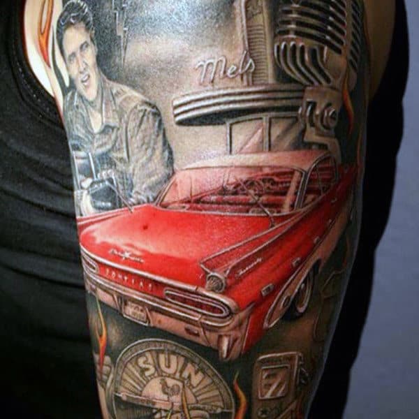 Tattoo featuring a red vintage car, a classic microphone, and a portrait of someone wearing a leather jacket