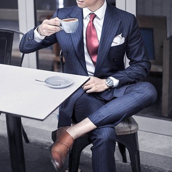 Red Tie White Pocket Square Male Navy Blue Suit Brown Shoes Styles