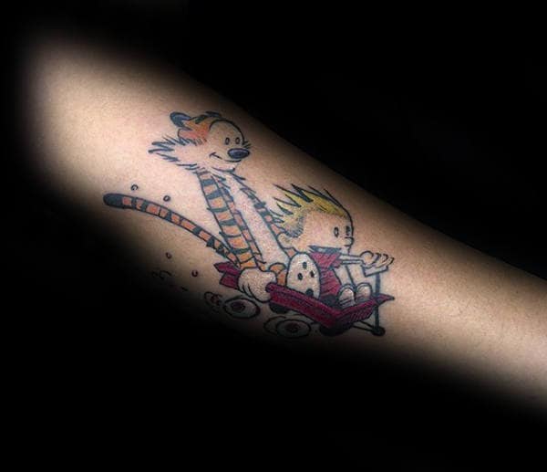 Red Wagon With Calvin And Hobbes Mens Forearm Tattoo Design Inspiration
