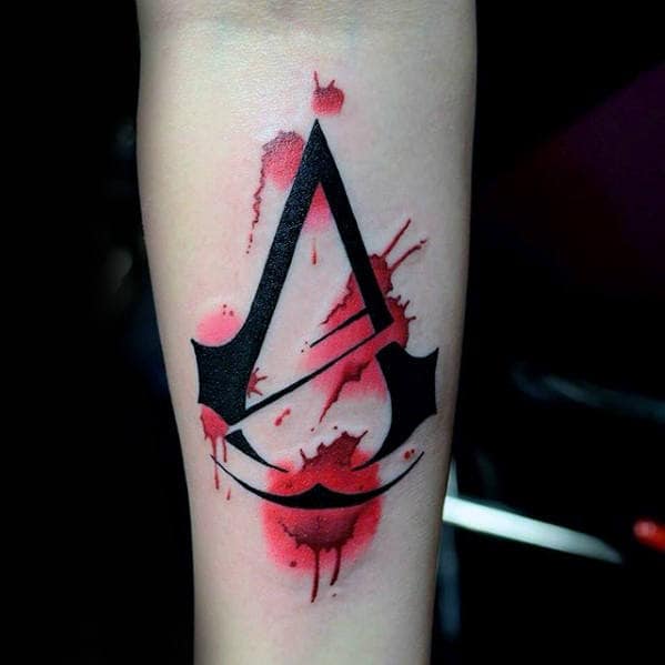 Red Watercolor With Black Ink Design Guys Assassins Creed Inner Forearm Tattoo