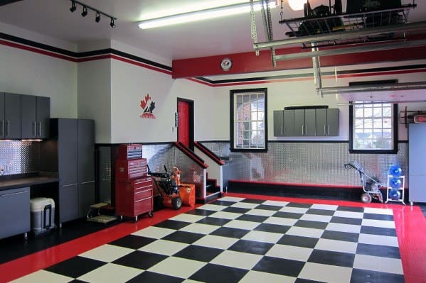 red white and black finishing garage walls black and white check floor