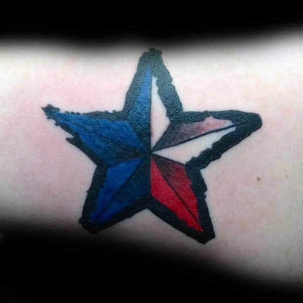 Red White And Blue Male Nautical Star Tattoo On Arms