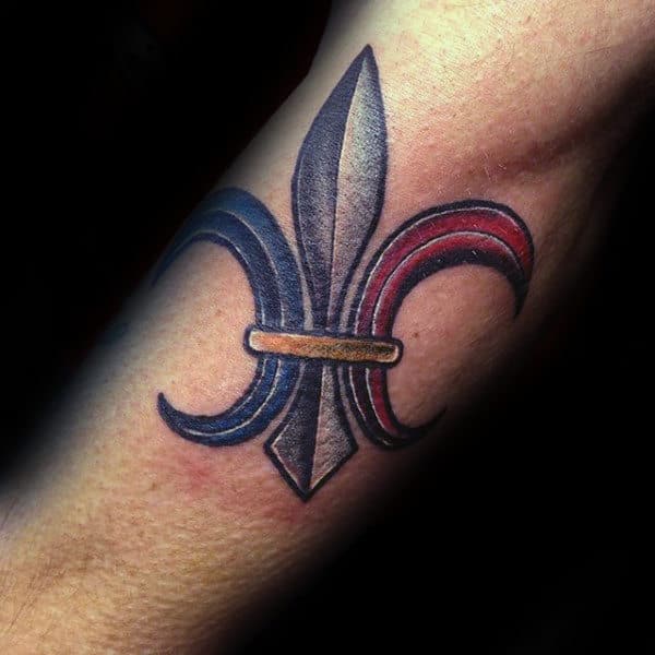 Red White And Blue Mens Fleur De Lis Forearm Tattoo