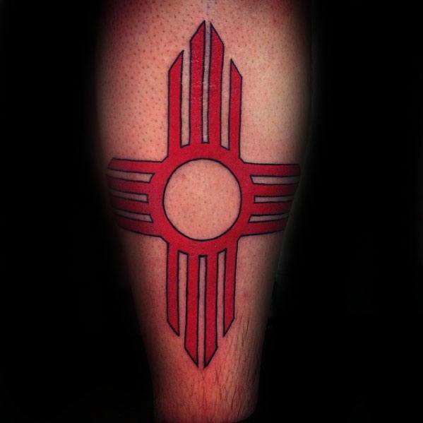 Red With Black Ink Outline Zia Tattoo Ideas For Males On Back Of Leg