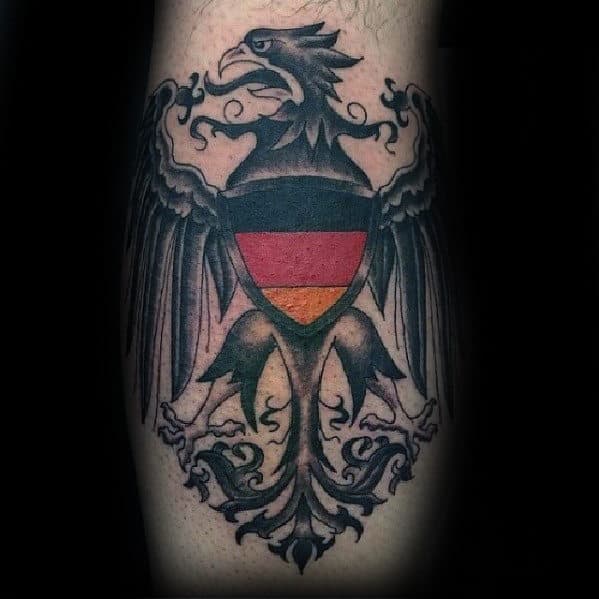 Red Yellow And Black Mens Traditional German Eagle Leg Tattoo