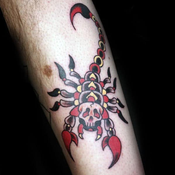 Red Yellow And Black Skull Traditional Scorpion Guys Forearm Tattoo